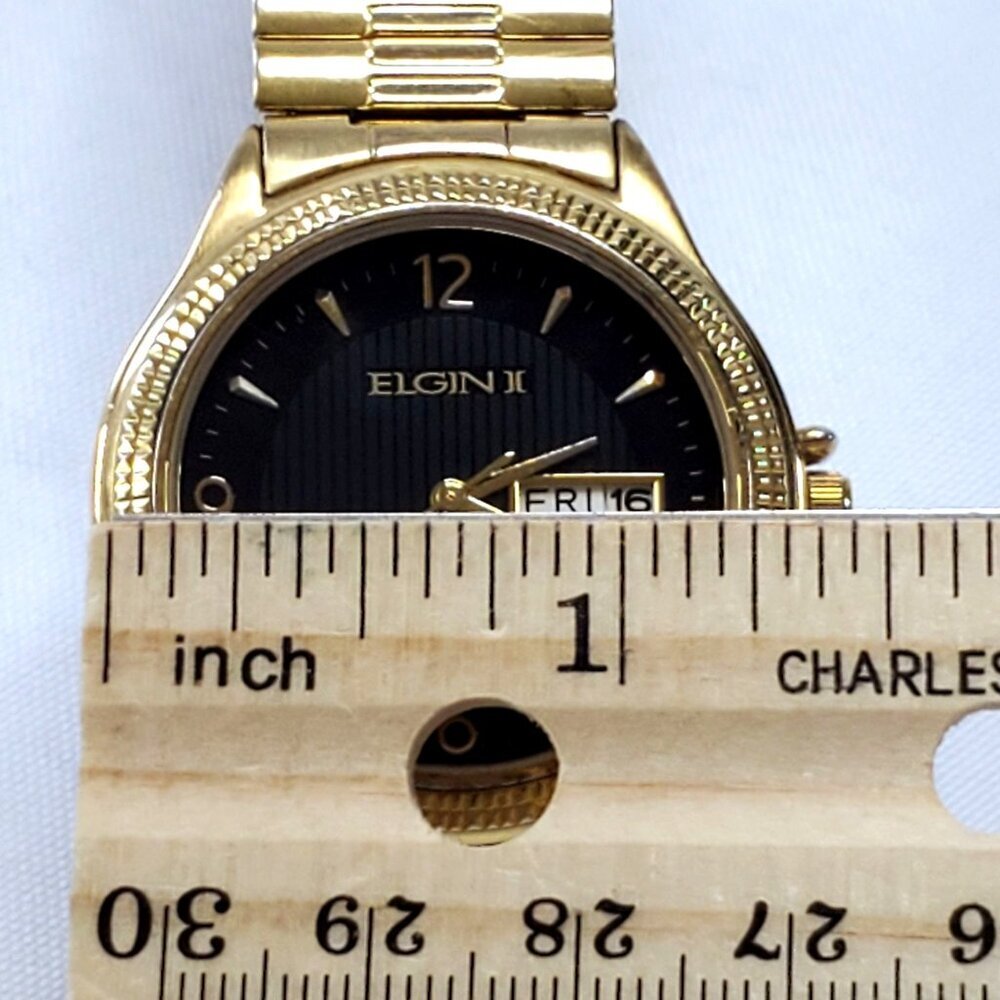 Elgin II Gold-Tone Mens Watch Black Dial Day & Date Display Water Resistant - Picture 9 of 11